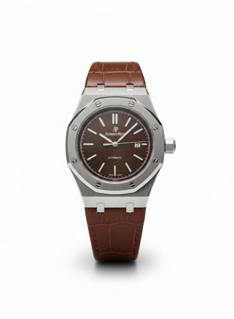 أوديمار بيجويت ساعة أوديمار بيغيه رويال أوك أوتوماتيكية من الفولاذ المقاوم للصدأ بميناء بني وحزام جلدي - Image 1